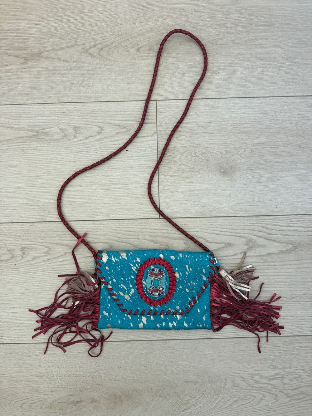 Turquoise Fringe Crossbody with Red Accents
